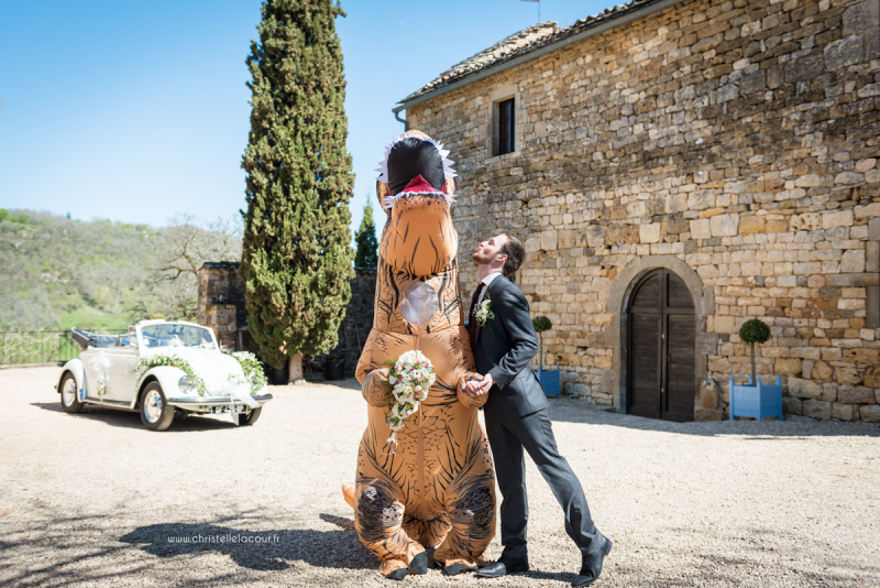 Demande en mariage à la mariée tyrex - mariage geek au Château de Cas Tarn-et-Garonne